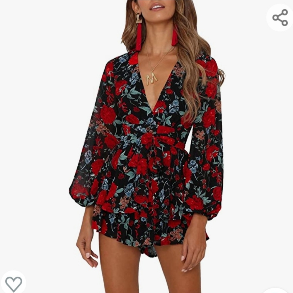 Rose Floral Print V-Neck Romper